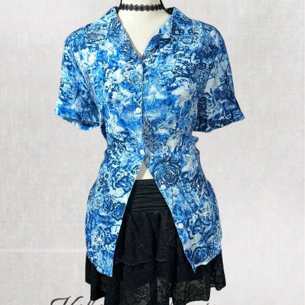 Fairycore Water Color Splash Patterned Blue Button Up Top